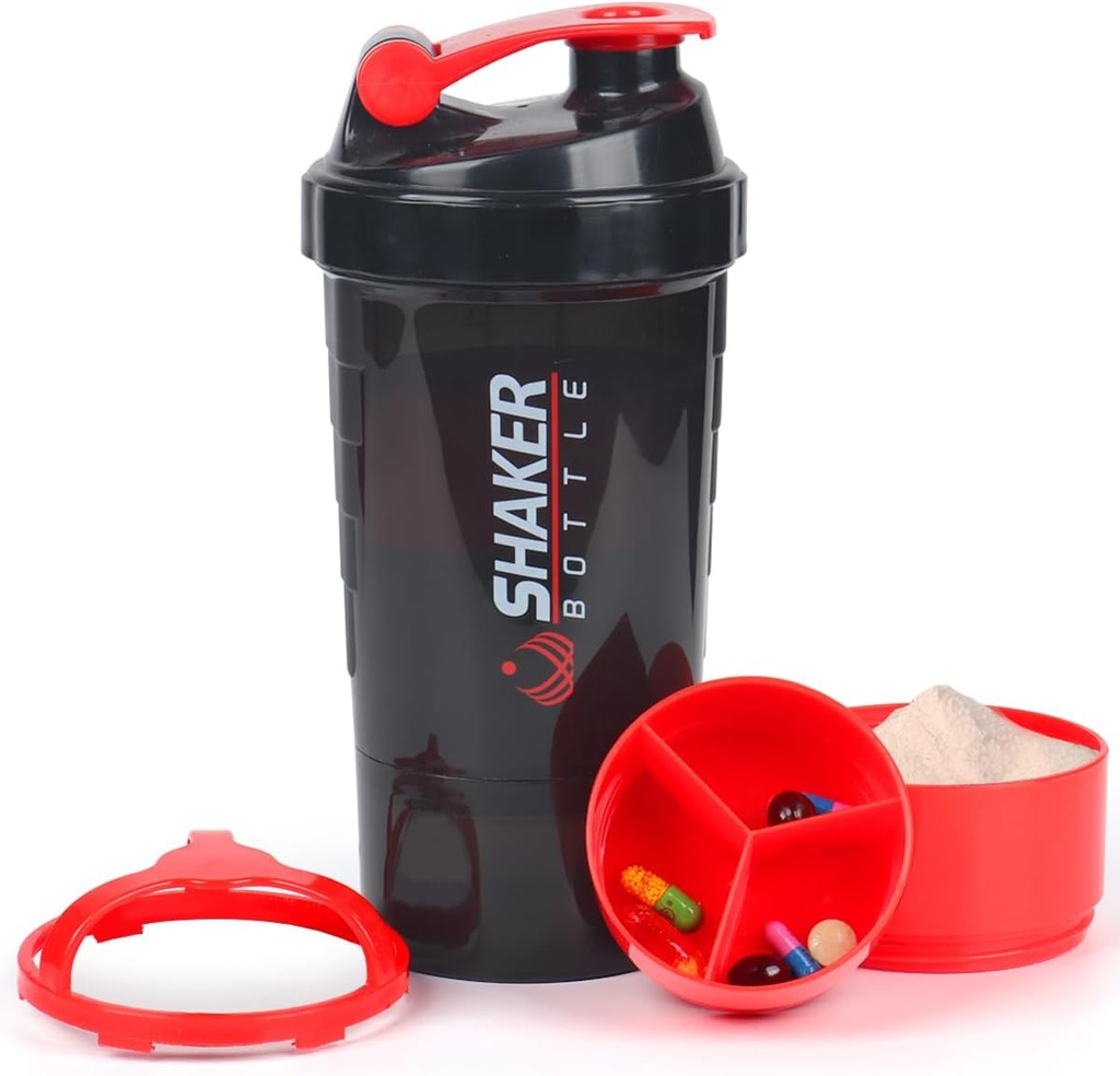 Proteïne Shaker Bottle,16 oz Shake Cup voor eiwitpoeder met opslag,Sport Waterfles,Non Slip 3 Laag Twist Off 3oz Cups met pil Tray Leak Proof Shake Flessen voor eiwitmixen