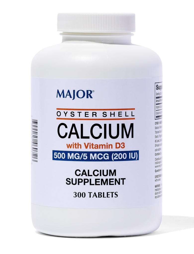 Major Oyster Shell Calcium met vitamine D3 500 mg/5 mcg (200 IE) - Dagelijks calciumsupplement - 300 tabletten (1 verpakking)