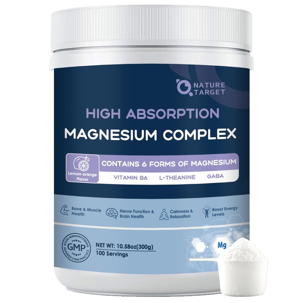 NATURE TARGET Magnesium Powder Supplement met Glycinate, Citrate, Malate, Magnesium Complex met L-Theanine & Vitamine B6 voor spier, hart en hersenen, Vegan, 10,58 oz (100 porties), Citroen Orange Flavor