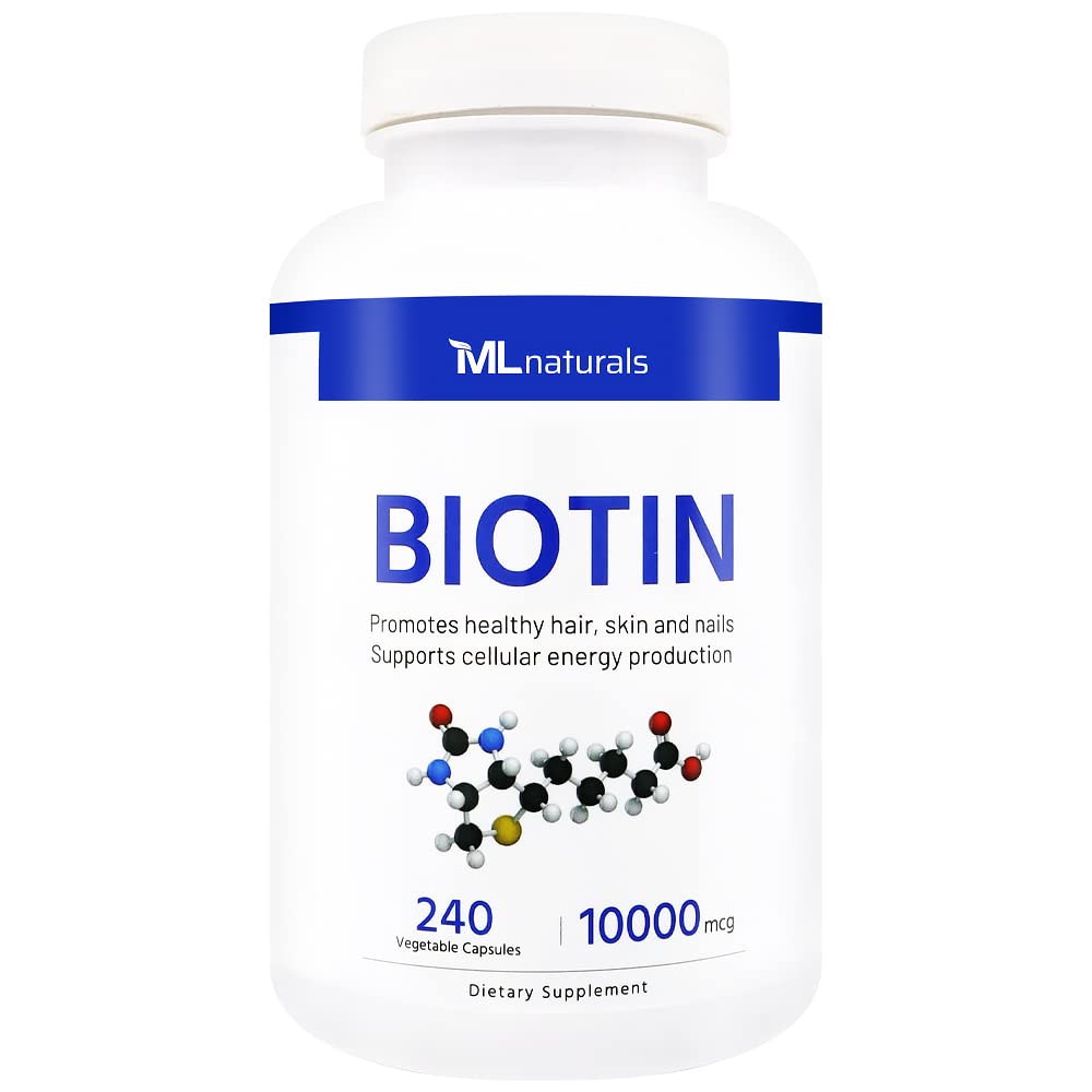 ML Naturals Biotin 10000 mcg 240 plantaardige capsules. Ondersteunt gezonde haren, huid, nagels en energieproductie, NSF-gecertificeerd en cGMP-compliant