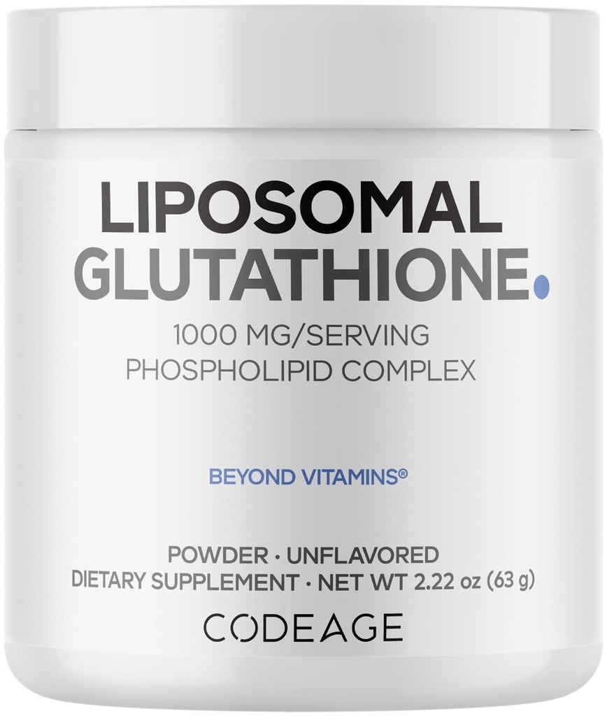 Codeage Liposomal Glutathion Powder - 1.000 mg Vegan Reduced L-Glutathione per Serving, Liposomale Delivery - 2-maand supply - Unflavored - Fosfolipide - Non-GMO Glutenvrije - 2.22 Oz