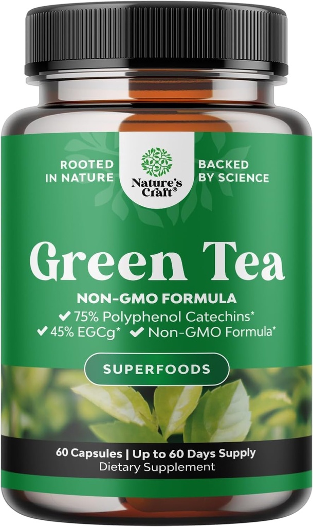 Groene Thee Extract Capsules - 500mg Pure Leaf Green Tea Cafeïne Supplement - EGCG, Cafeïne Extract & Polyfenolen Supplement voor gezonde stofwisseling Ondersteuning voor vrouwen & Mannen - Natuurlijke Detox - 60 Tel.