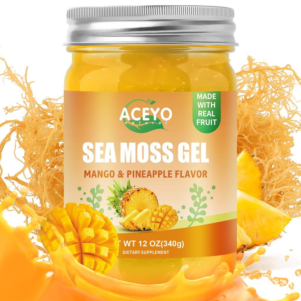 ACEYO (12 OZ) Irish Sea Moss Gel Raw Vegan Mango Ananas Smaak 102 Vitaminen en Mineralen Wild Geoogste Non-GMO Immune Defense Booster Thyroid Digestieve Ondersteuning