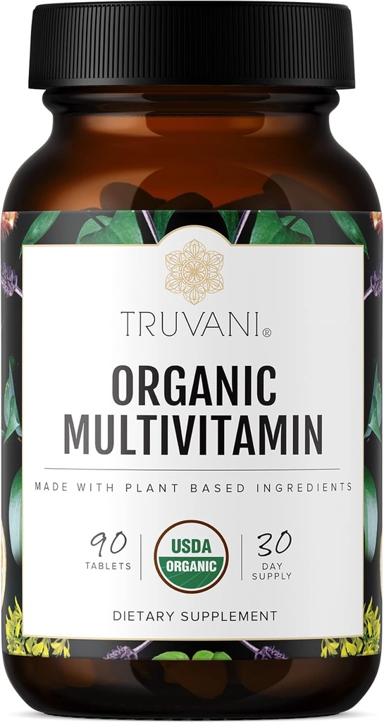 Truvani Daily Organic Multivitamine Supplement - Vegan, Non GMO Tablets with Iron & Biotin - Dairy, Soy, & Gluten Free - 30 Day Supply (90 Tablets)