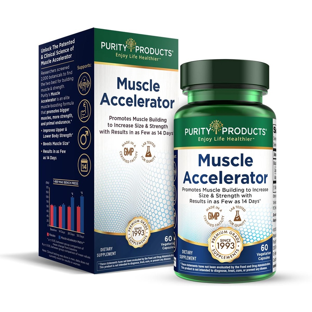 Zuiverheid Producten Muscle Accelerator 650 mg Gepatenteerde en klinisch geteste spierversneller Menging van ayurvedische kruidenextracten bevordert sterkte, endurance + spiergroei - 60 Veg Caps