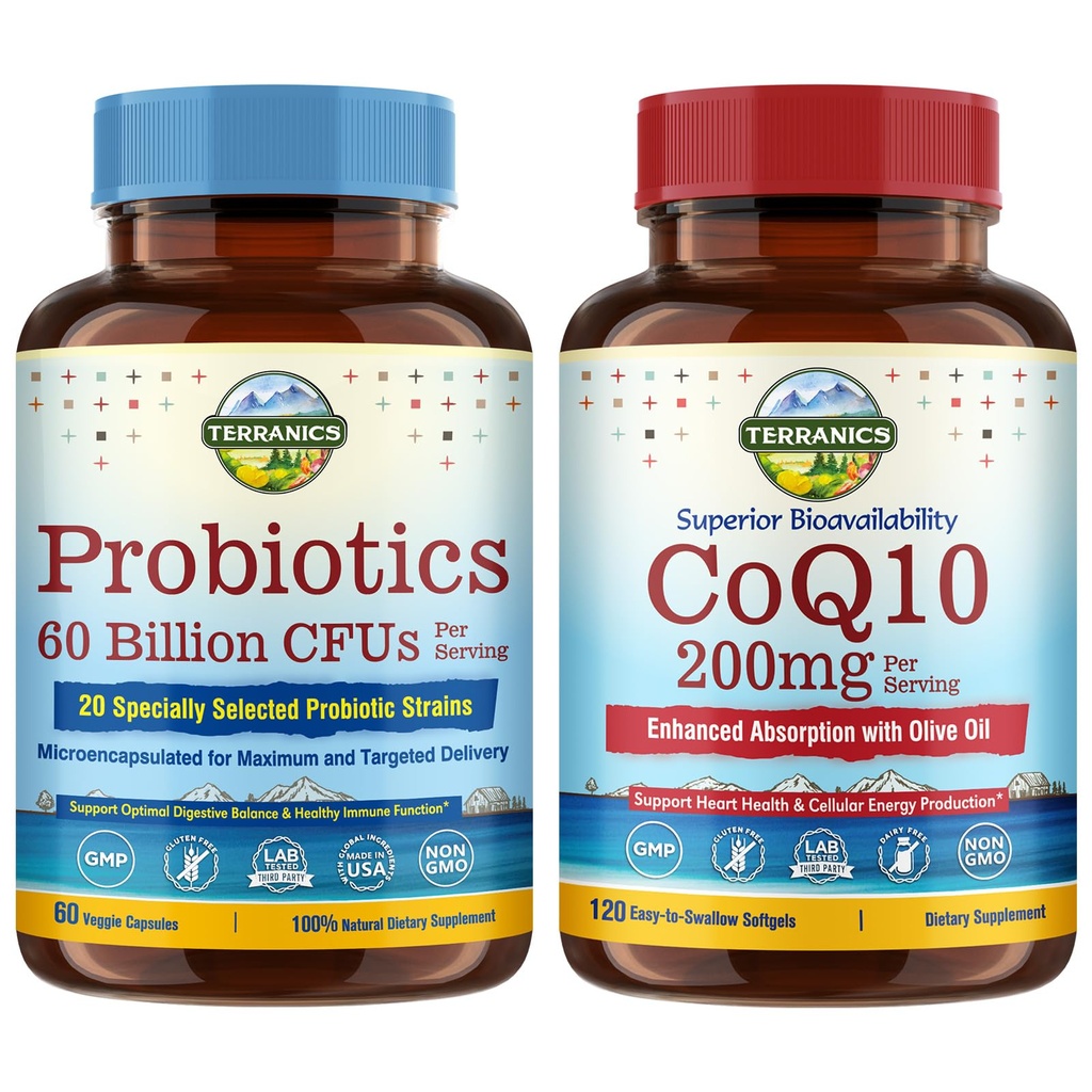 Terranics Probiotica & CoQ10 Bundle, Heart & Digestie Health, 60 Miljard Probiotica, Bioactive CoEnzyme Q10 200mg, Extra Virgin Olive Oil, Bundle & Save