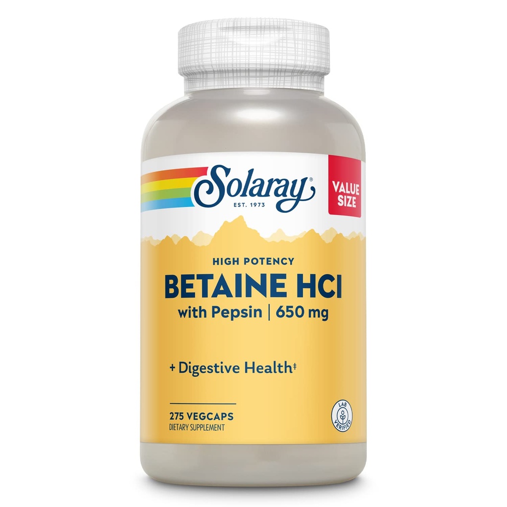 Solaray High Potency Betaine HCL met Pepsin - Zoutzuur Supplement voor de spijsvertering gezondheid - met Betaine Hydrochloride en digestieve enzymen - Gut Health Support - 60-dagen garantie, 275 VegCaps
