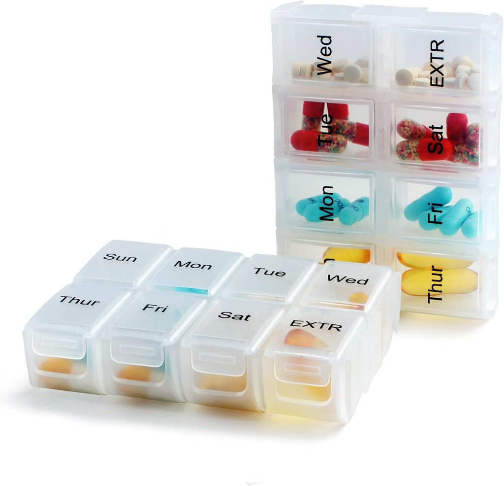 2 Packs Weekly Travel pil Organizer Case voor portemonnee met verwijderbare 7 Day Box, Modieuze pil Container voor Geneeskunde, Vitamine, Supplement