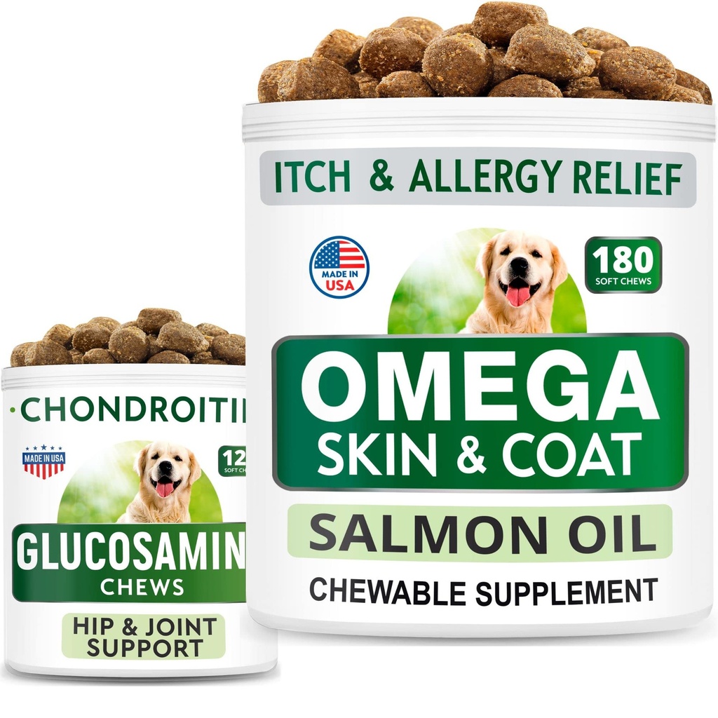 BARK&SPARK Glucosamine Dog Treats + Omega 3 for Dogs Bundle - Hip Support and Joint Pain Relief Supplement + Fish Oil Chews for Shedding, Skin Allergy, Itch Relief, Skin and Coat Supplement