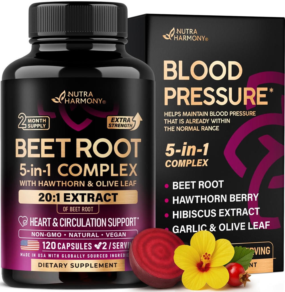 Beetwortelcapsules - Healthy Blood Pressure Support Supplement** for Heart & Circulation Support - with Hawthorn Berry, Hibiscus & Knoflook - Nitric Oxide for Energy - Made in USA, 120 Capsules