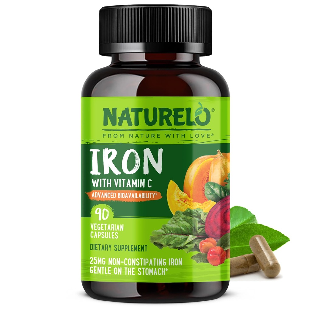 NATURELO Vegan Iron Supplement met vitamine C en Organic Whole Foods - Voorzichtige Iron Pillen voor vrouwen en mannen met ijzertekort Inclusief zwangerschap, anemie en Vegan Diets - 90 Mini Capsules