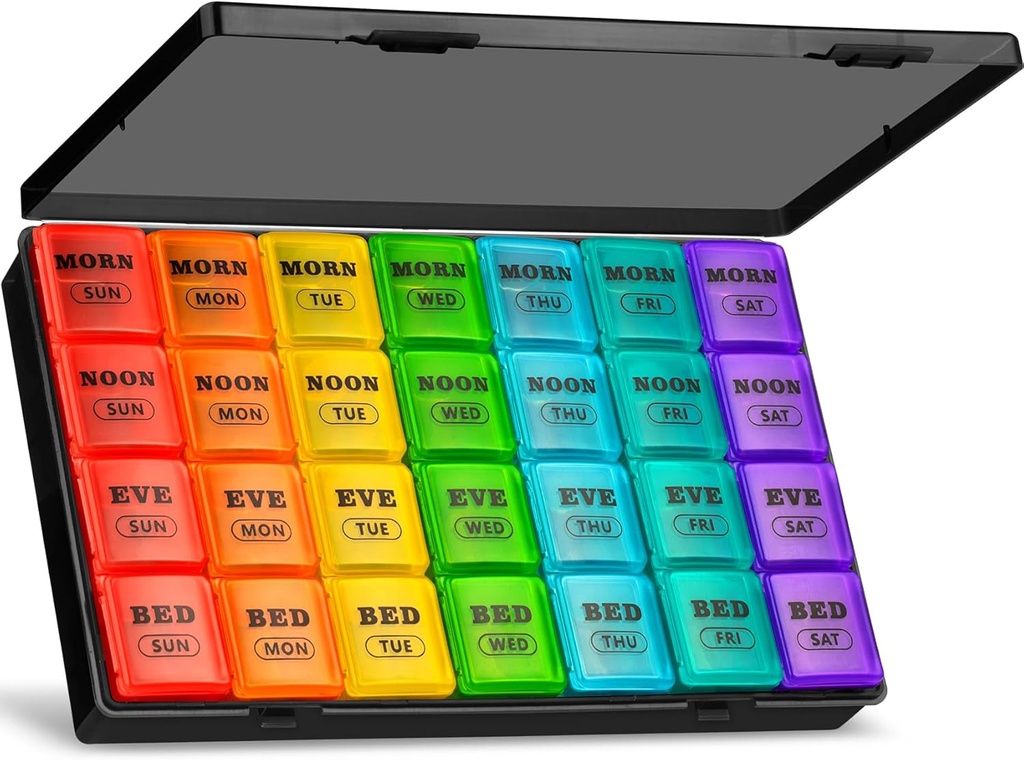 XL Large Weekly pil Organizer 4 keer per dag, 7 dagen pil dozen en Organisator AM PM, Grote Compartiments pil Case, Maandelijks Medication Organizer 28 dagen Dispenser voor visolie