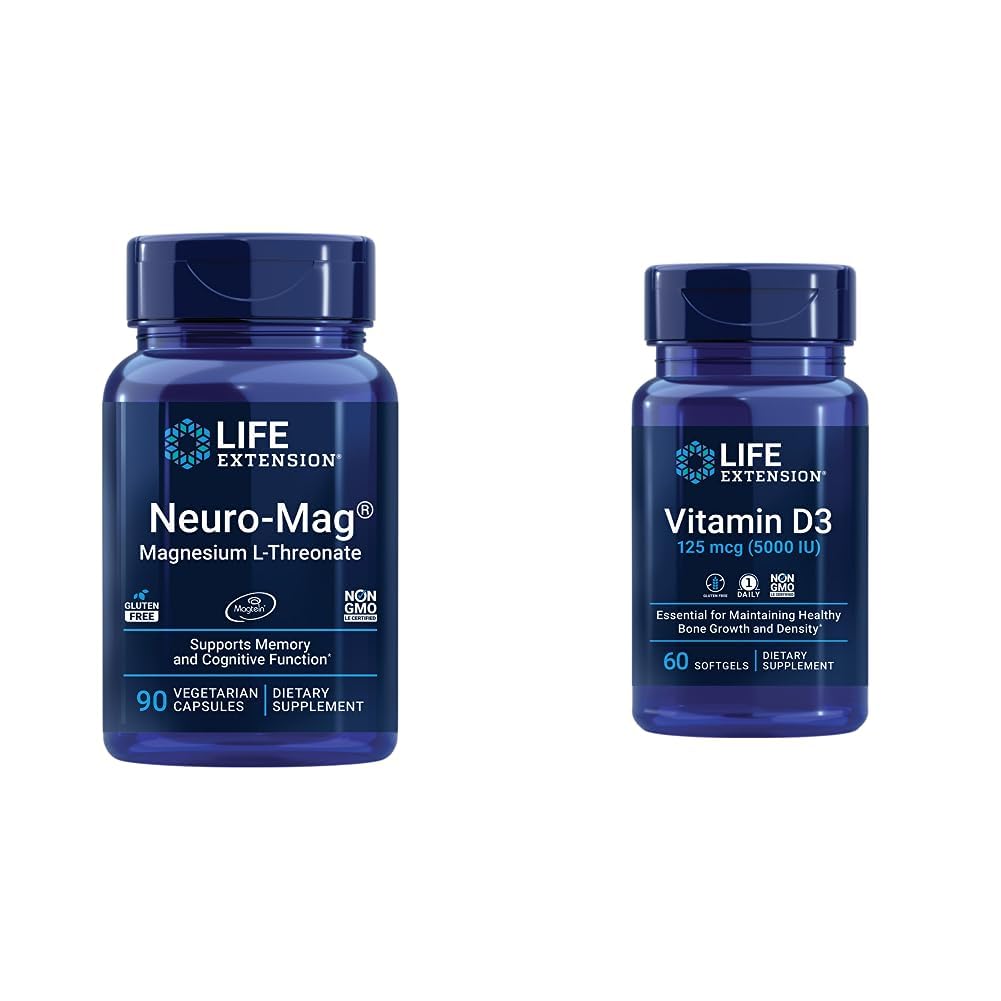 Life Extension Neuro-mag Magnesium L-threonate and Vitamin D3 Supplement Bundle for Brain, Bone and Immune Health