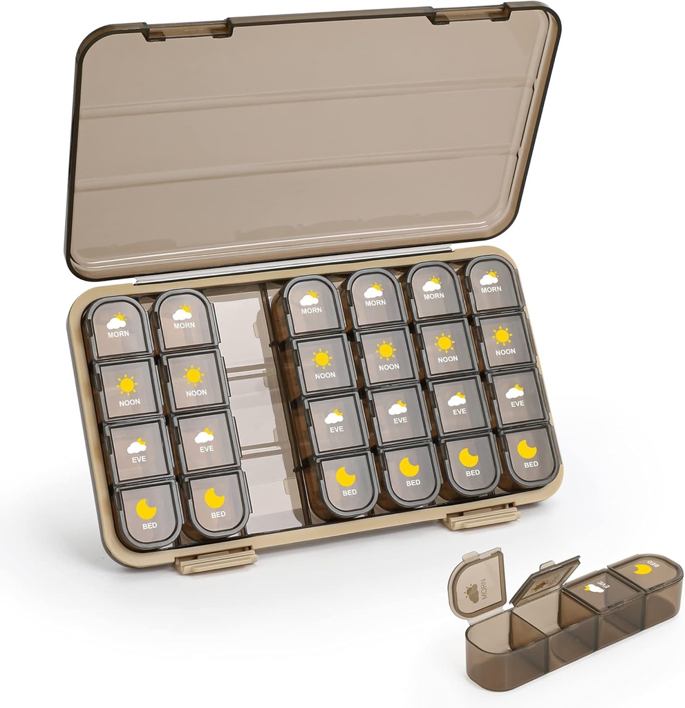 Pillen Organisator 4 keer per dag, 7 dagen pil Box 4 keer per dag - Acedada Weekly Medicine Box Organizer met aparte case, draagbare dagelijkse pil containerdispenser voor vitamine visolie supplementen, Bruin
