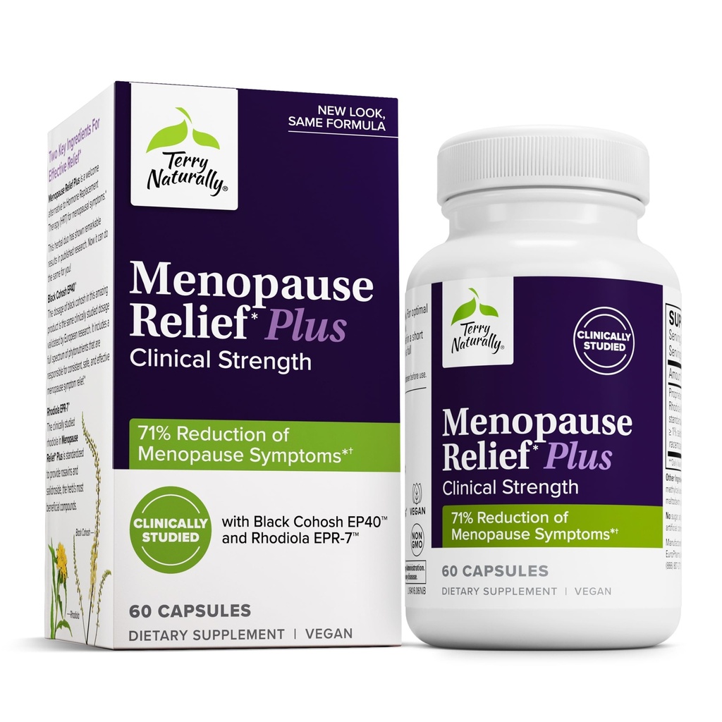 Terry Natuurlijk Menopauze Relief Plus - Menopauze Symptoom Supplement - Supplement op hulp tegen incidentele vermoeidheid & nachtkleding - Supplement met Rhodiola & Black Cohosh - 60 capsules