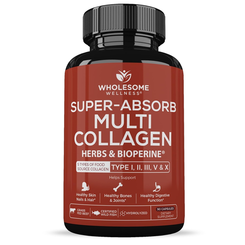 Wholesome Wellness Super-Absorb Multi Collagen Pills (Type I II III V X) Organic Herbs & Bioperine - Hair, Skin, Nails - Hydrolyzed Peptides Protein Supplement for Women & Men (90 Capsules)