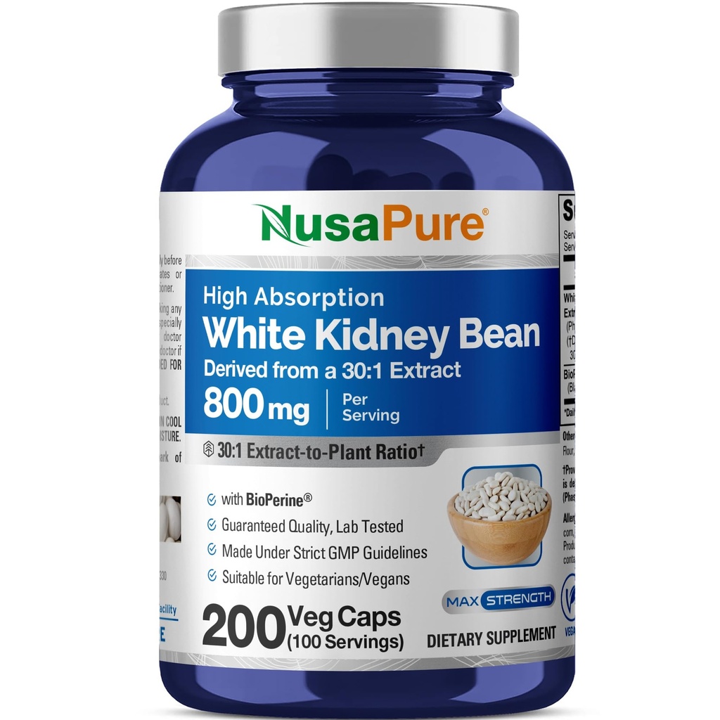 NusaPure Witte Nierbonen 30:1 Extract, 800 mg Equivalent aan 24.000 mg 200 Vegan Capsules - Bioperine - (Vegan, Non-GMO)