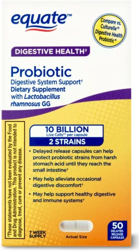 Equate Probiotic Supplement Digestieve System Support - Algemene Digestieve Gezondheidsondersteuning - Minimaliseert Constipatie, diarree, gas & Bloating-Delayed Release Capsules, 50 Tellen
