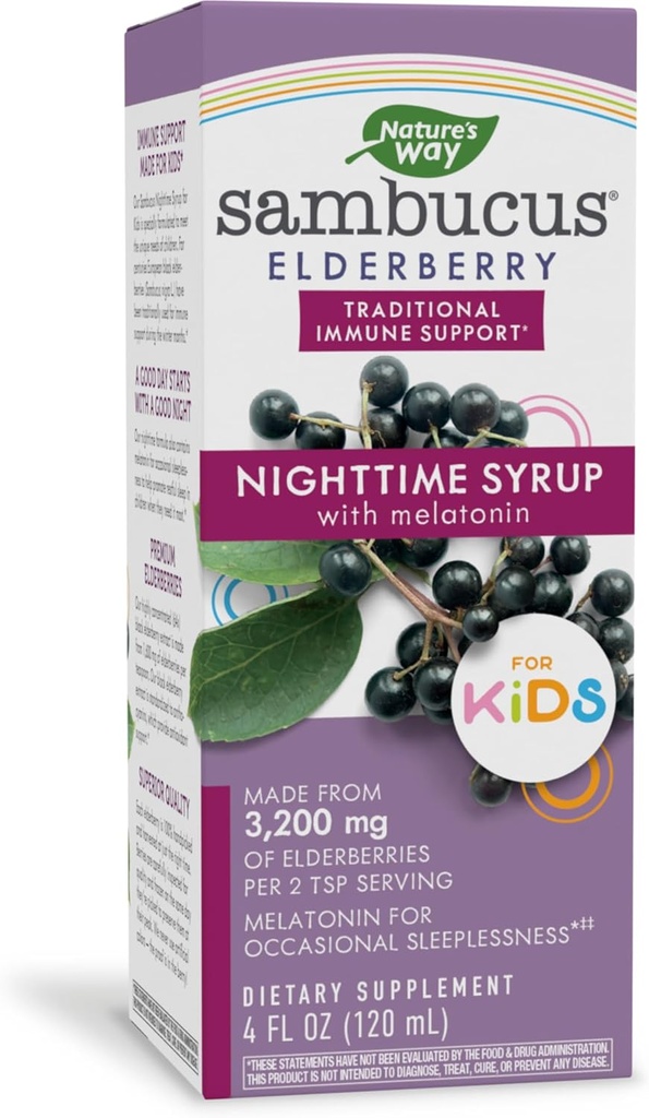 Nature's Way Sambucus Elderberry Nighttime Stroop voor kinderen met Melatonine, Immune Support*, 4 Fl Oz