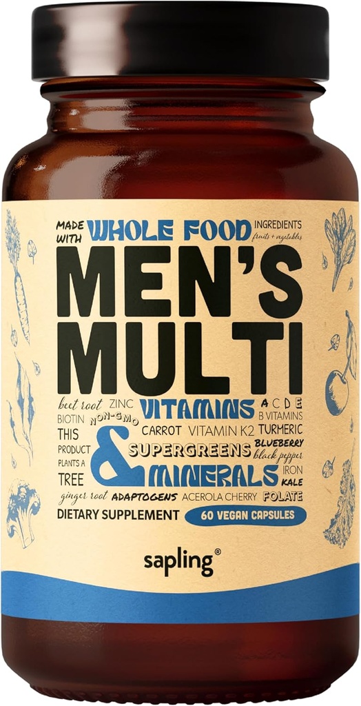Multivitamine voor mannen - Dagelijkse mannen Multivitamine - Gemethyleerde B Complex met Whole Food Ingrediënten, Vitamine B12, Folaat, A, C, D3, E, K2, Biologische Fruit & Groenten - Vegan, Non-GMO - 60 Caps
