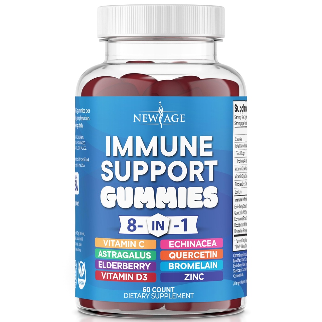NIEUWE AGE 8 in 1 Immune Support Booster Supplement met vlierbes, vitamine C en zink 50 mg, vitamine D 5000 IE, quercetine & bromelain (8 in 1 gummies (verpakking van 1))