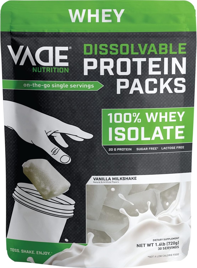 VADE Nutrition Dissolving Proteine Packs - 100% Wei Isolaat Proteïne Poeder Vanille Milkshake - Lage Carb, Lage Calorie, Lactosevrij, Suikervrij, Vetvrij, Glutenvrij - 30 Pakketten te gaan