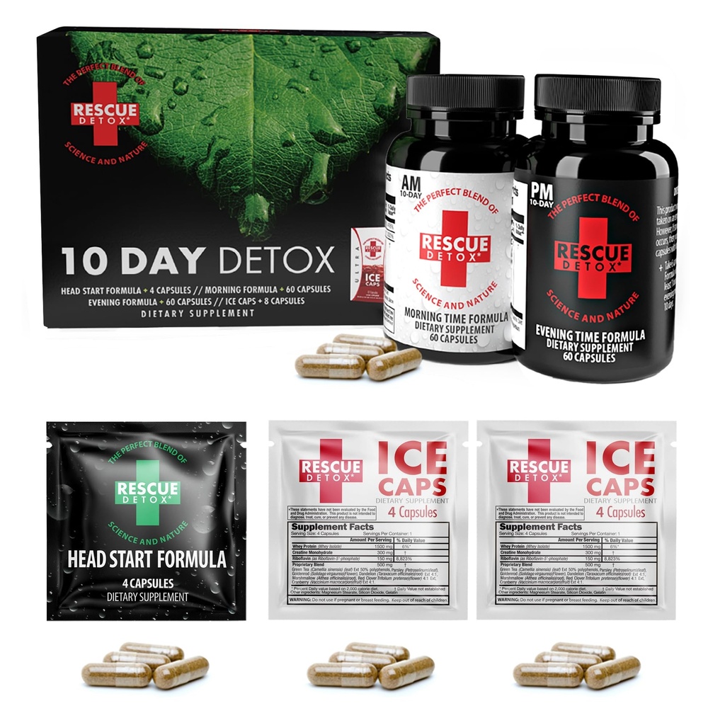 Rescue Detox 10 Day Permanent Detox Kit - 132ct Capsules | Comprehensive Full Body Cleanse with Bonus Instant ICE Caps