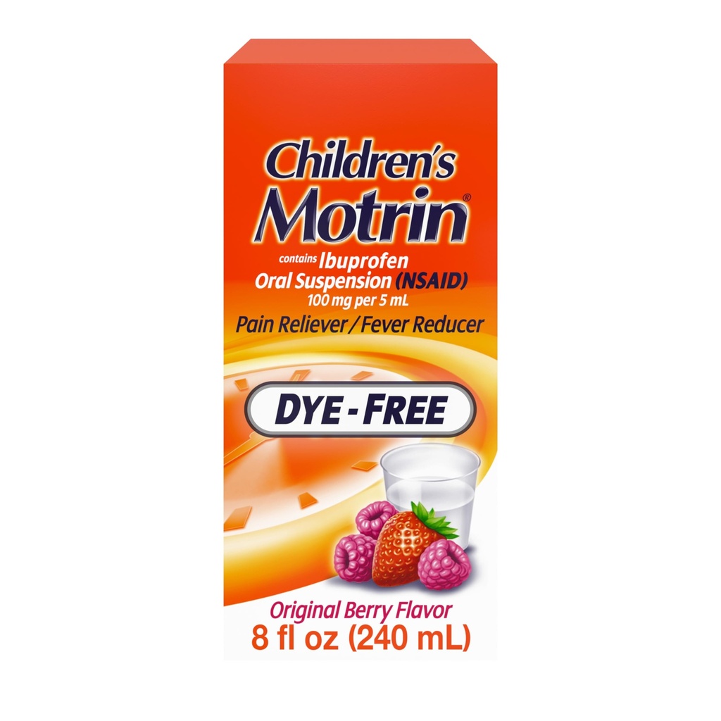 Children's Motrin Oral Suspension 100mg Ibuprofen Medicine, NSAID Koortsreducer & Pain Reliever for Minor Aches & Pains Vanwege Cold & Flu, Dye Free, Alcohol-Free, Berry Flavored, 8 fl. oz