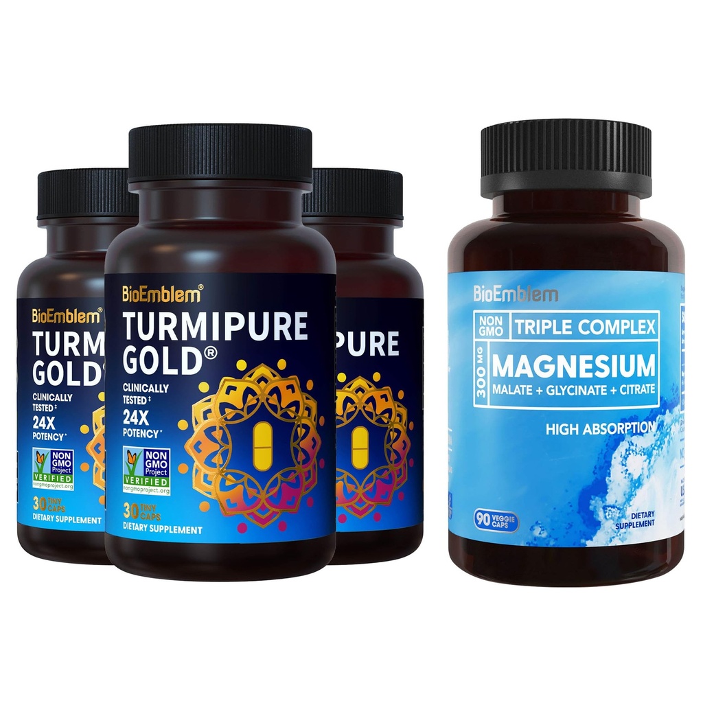 BioEmblem Triple Magnesium Complex en BioEmblem Turmeric Curcumin met klinisch bestudeerd TurmiPure - gezamenlijke ondersteuning, gezonde ontsteking Kurkuma Supplementen