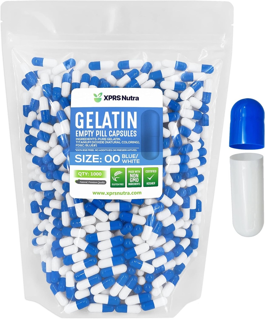 XPRS Nutra Size 00 Empty Capsules - 1000 Count Empty Gelatin Capsules - Pills DIY Capsule Filling - Fillable Pill Gel Caps for Do-It-Yourself Supplements (Blue/White)