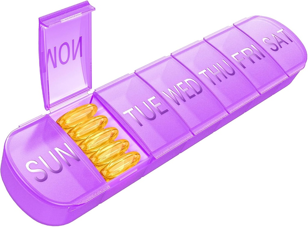 Weekly pil Organizer 1 keer per dag, Travel Pill Box 7 Dag Extra Large Compartments Vitamine houder, Daily Pill Container 7day XL Medicine Dispenser voor visolie geval (Paars)