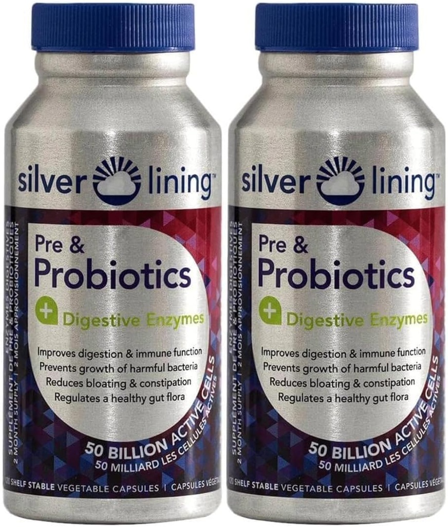 Silver Lining Pre & Probiotics + Digestieve Enzymes 50 Miljard CFU/Active Cells Ondersteuning, Vermindert Bloating Shelf Stable Formule 240 Telling (Pack of 2)
