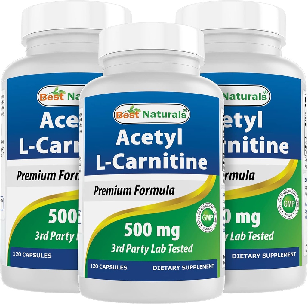 Best Naturals Acetyl L-Carnitine (ALCAR) 500 mg, 120 capsules, 120 porties - Non-GMO en Glutenvrij, 1 capsule per portie (3 verpakkingen)