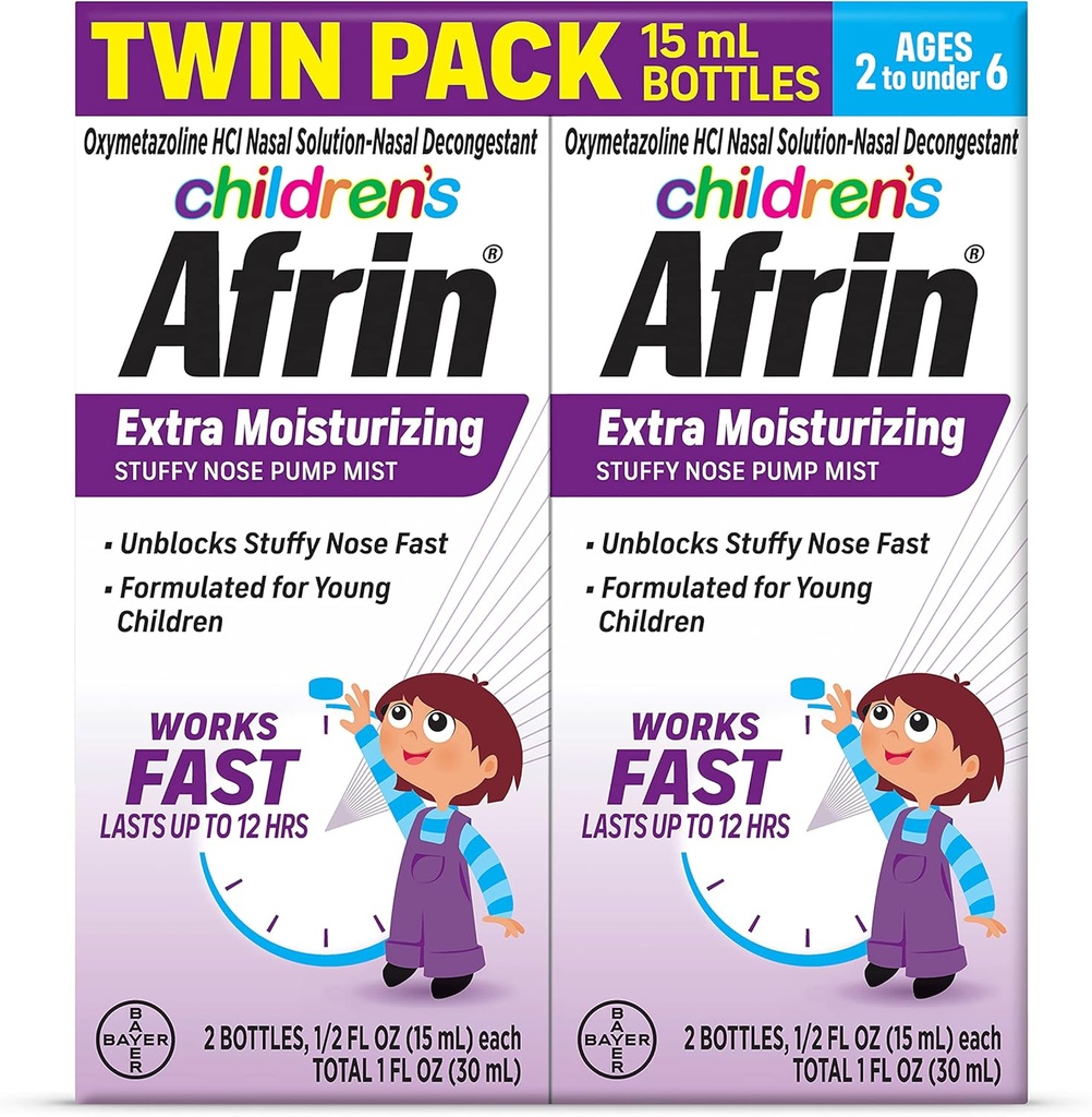 Afrin Children's Extra Moisturizing Nasal Mist, Niet-Drowsy, Snelwerkende Decongestant voor maximaal 12 uur Stuffy Neus Relief, Kinderen leeftijden 2 tot 6, .5 fl oz (Pack of 2)