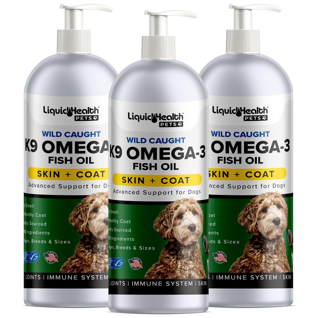 Liquid Health Huisdieren K9 Omega 3 Visolie voor honden - Liquid Omega 3 Supplement voor Huisdieren met EPA + DPA + DHA - Verminder Jeuken & Vergieten, Ondersteuning Joints, Immunity, Brain, Heart Health - USA Made (3 Pack)