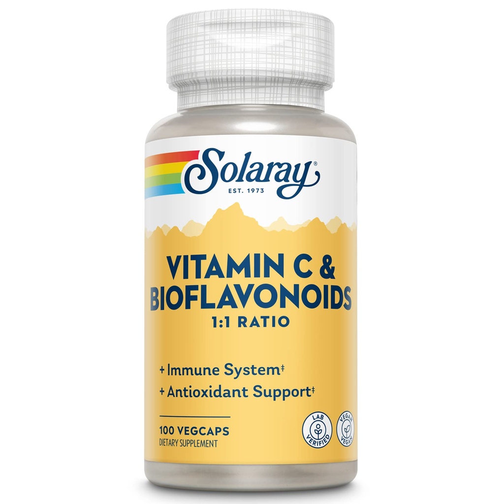 SOLARAY Vitamine C 500mg met Citrus Bioflavonoïden, 1:1 Ratio - Antioxidant en Immuun Ondersteuning Supplement - Vitamine c met Rose HIPS en Acerola, Vegan, 60-dagen garantie, 50 porties, 100 VegCaps