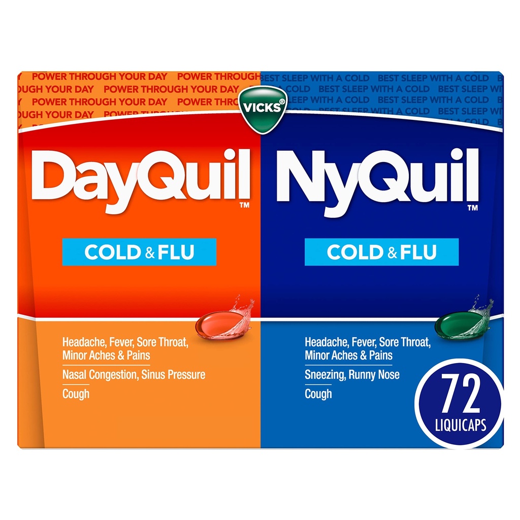 Vicks DayQuil & NyQuil Co-Pack, Cold & Flu Medicine, Krachtige Multi-Symptoom Daytime & Nighttime Relief voor Hoofdpijn, Koorts, Sore Throat, Kleine Pijn & Pijn, & Cough, 72ct