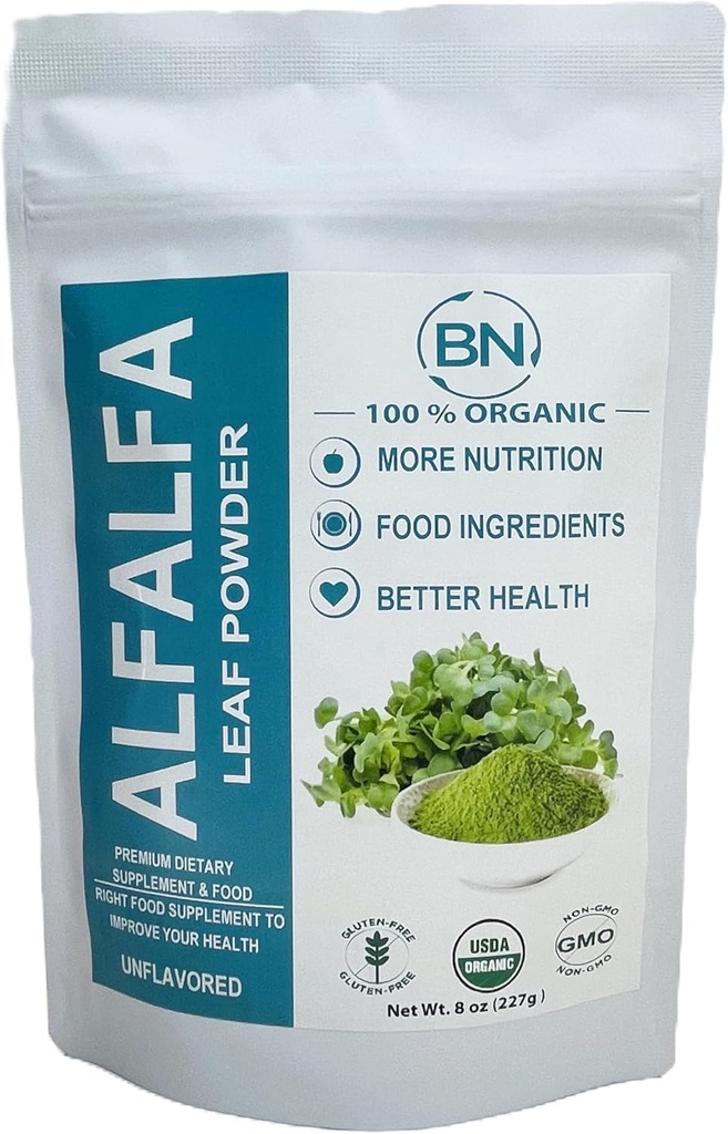 Alfalfa Leaf Powder - Groene Superfood Supplement voor Dranken, Thee, Shakes, Vegan, Glutenvrij, Niet GGO, Kosher