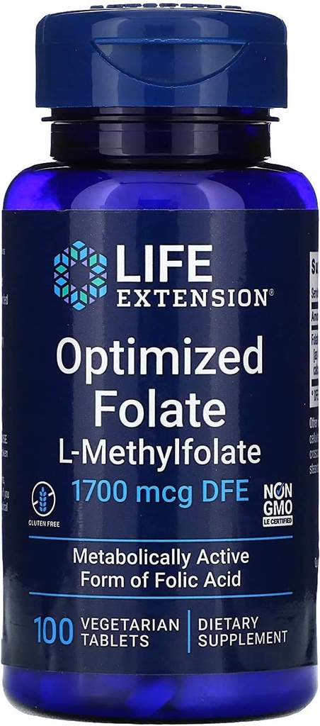 Levensverlenging Geoptimaliseerd Folaat L-methylfolaat 1000 mcg Vegetarische tabletten 2 verpakkingen