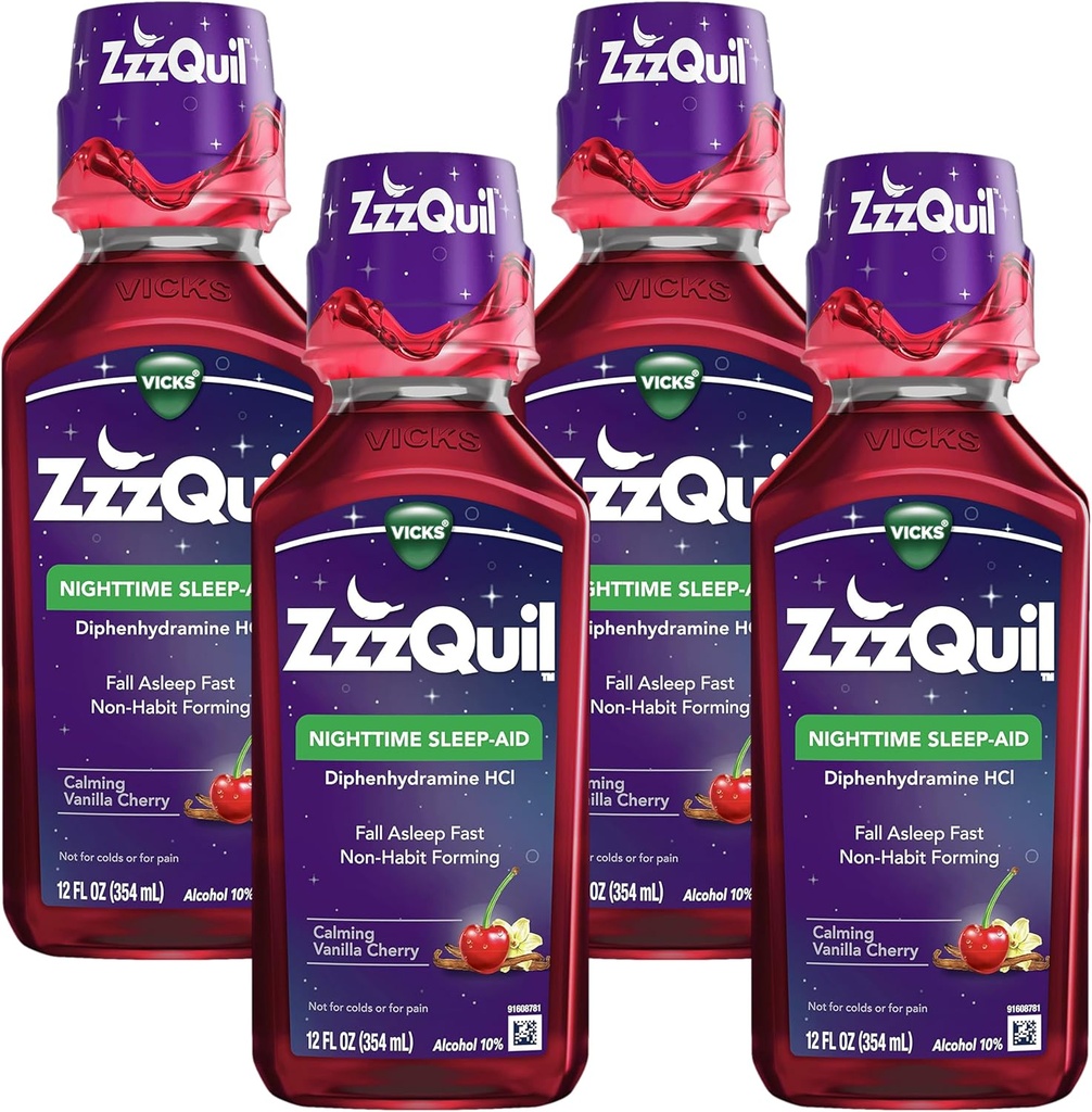 ZzzQuil, Nacht slaaphulp vloeistof, 50 mg difenhydramine HCl, No.1 Sleep-Aid merk, Calming Vanilla Cherry smaak, Non-Habit vorming, 12 FL OZ (pakket van 4)