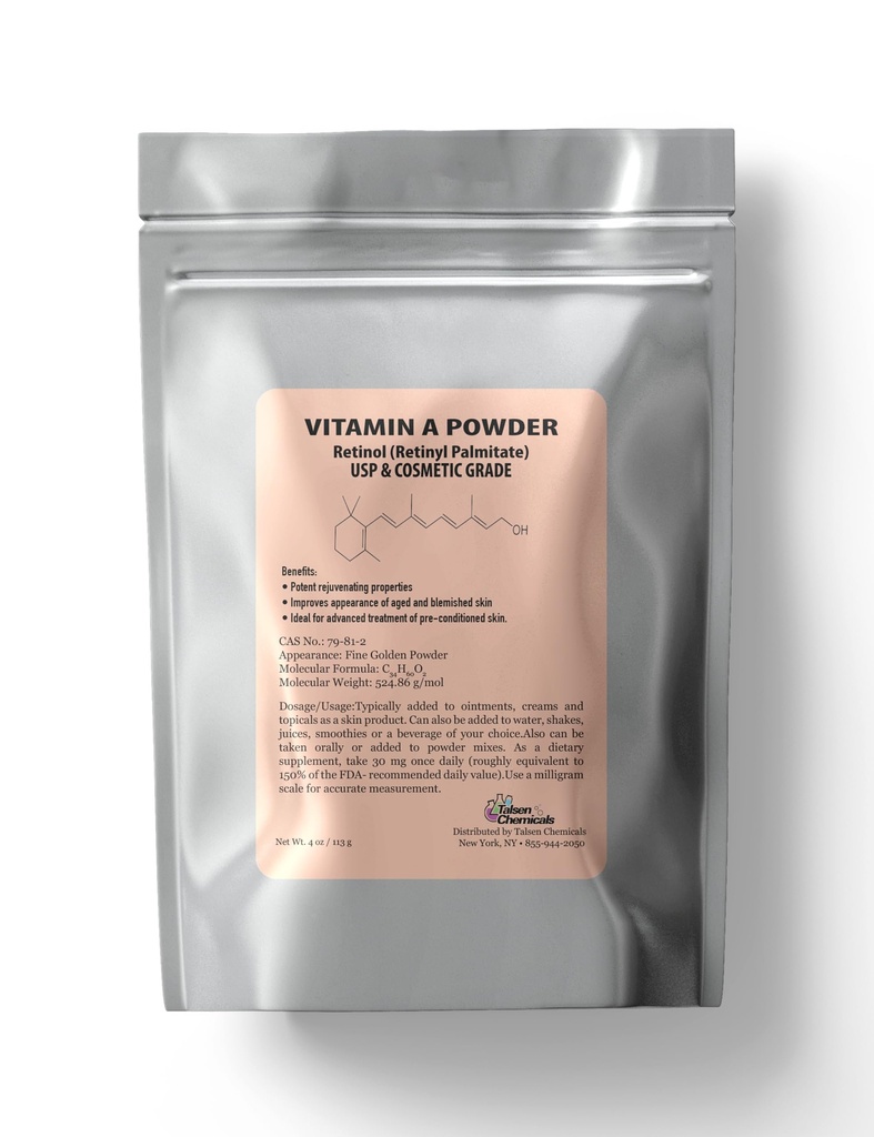 Vitamine A Powder Retinyl Palmitate, Pure Retinol Poederd Vitamine Water Oplosbare Vitamine A USP & Cosmetic Grade (4 oz. / 113 Gram)