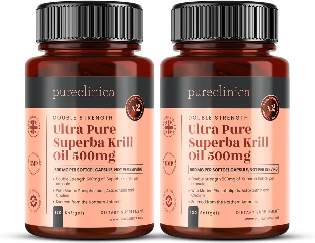 Ultra Pure Krill Oil 500mg x 240 Capsules (2 flessen) - Gebronzen in de Onvervuilde Wateren van Antarctica Het verstrekken van een rijke aanvoer van Astaxanthine, Omega 3, en vitamine D