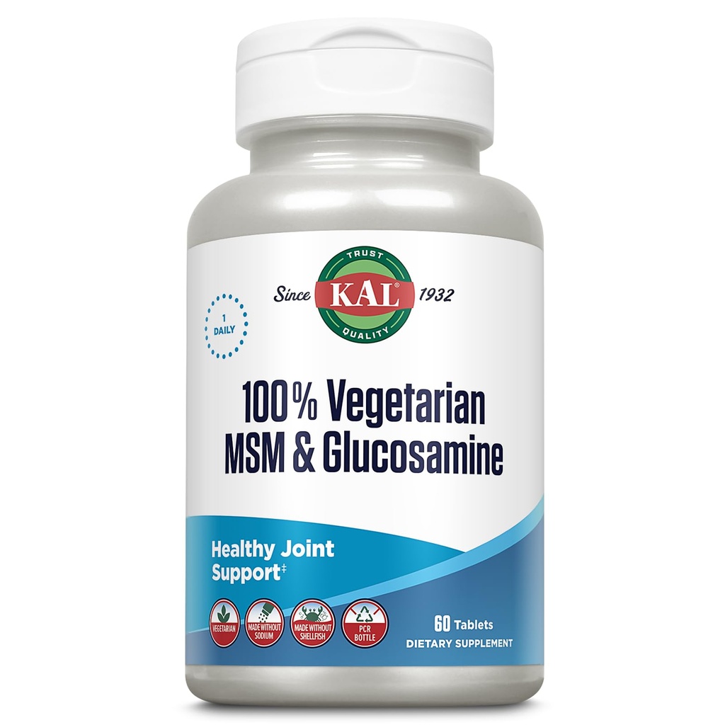 KAL 100% vegetarische MSM & Glucosamine - Gezonde gezamenlijke ondersteuning - Vegan Glucosamine en MSM-supplement - Made Without Shellfish - Lab Geverifieerd - 60 dagen garantie - 60 porties, 60 tabletten
