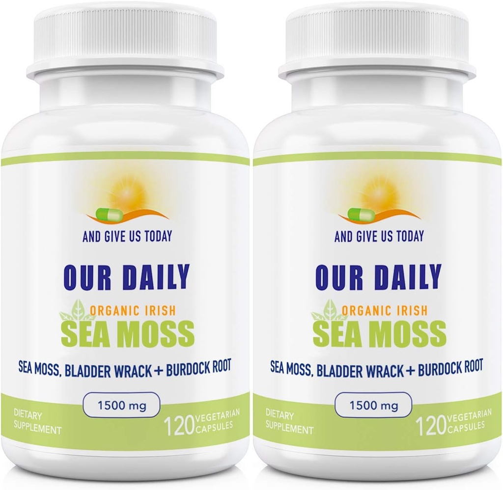 Our Daily Vites Sea Moss Capsules 1500mg (2 Pack) - Wildcrafted Irish Sea Moss Bladderwrack and Burdock Root Superfood Blend - Immune System, Gut Health & Thyroid Support - 240 Vegetarische Capsules