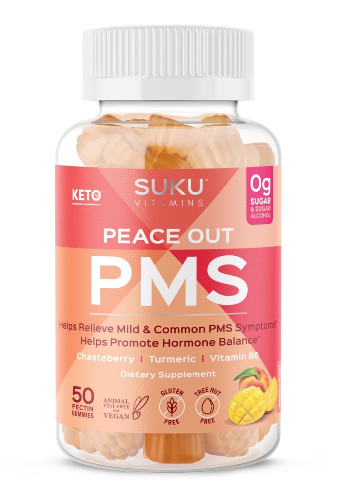 SUKU Vitaminen - PMS Gummy Supplement met Chasteberry om PMS en Menopause Peach Mango Gummies te verlossen (50 Tel.)