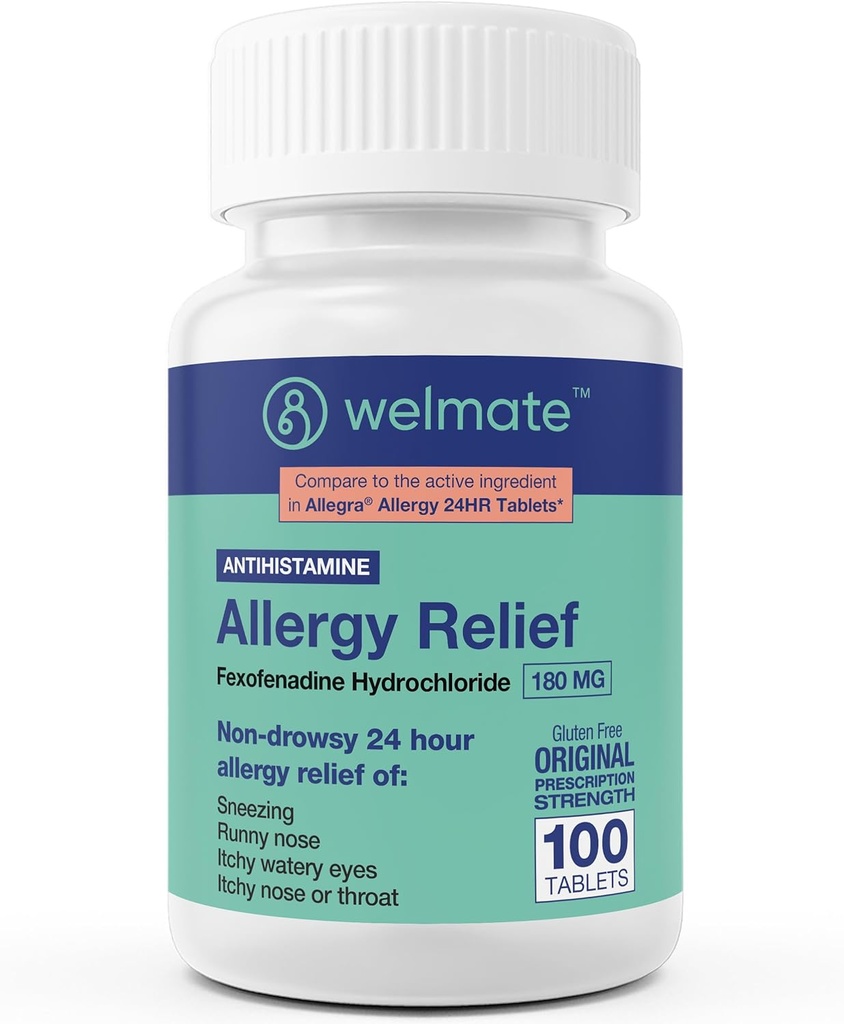 WELMATE - Allergie Relief - Fexofenadine HCl 180 mg - 24 uur Non-Drowsy Antihistamine - niezen - Runny Nose - Itchy Eyes, Nose & Throat - Allergie Relief Tablets - 100 Tel.