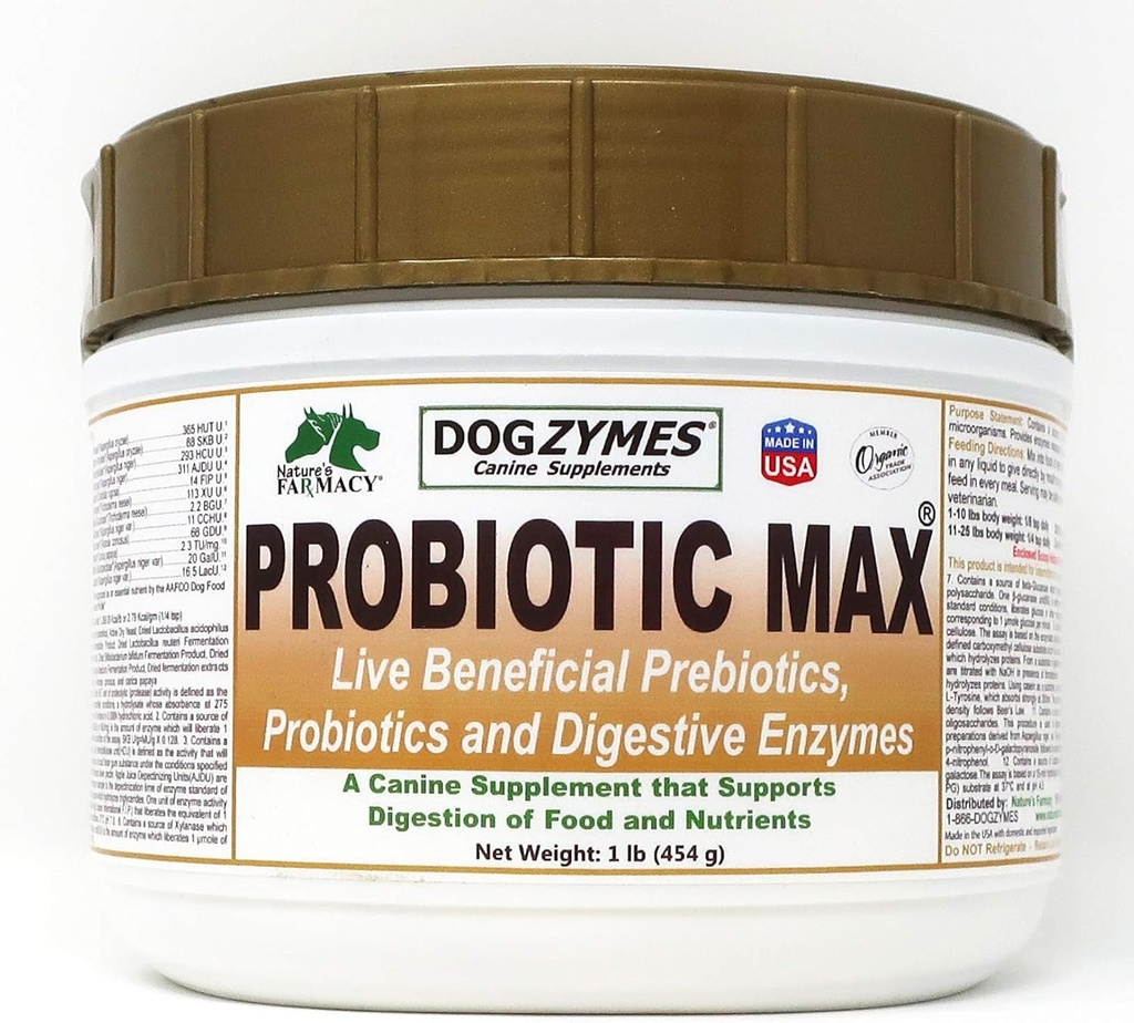 Dogzymes Probiotic Max -10 billion CFU's Probiotics, Prebiotics, Digestive Enzymes - Relieves Diarrhea, Upset Stomach, Constipation, Gas, Allergy, Immunity & Overall Health (1 pound)