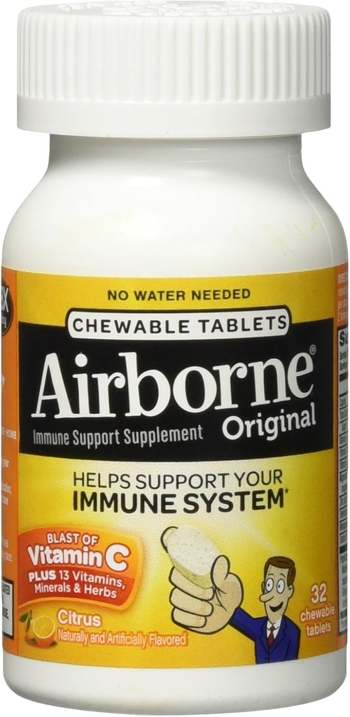 Airborne Citrus kauwtabletten, 32 tellen - 1000mg vitamine C - Immuun Ondersteuning Supplement (Verpakking mei Vary)