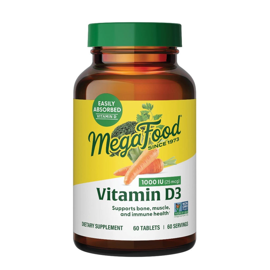 MegaFood Vitamine D3 1000 IE (25 mcg) - Vitamine D Supplementen met Real Food, Immune Support, Ondersteunt Bones, Tanden en Spieren, Vegetarisch, Glutenvrij, Non-GMO, Kosher 60 Tablets, 60 Servers