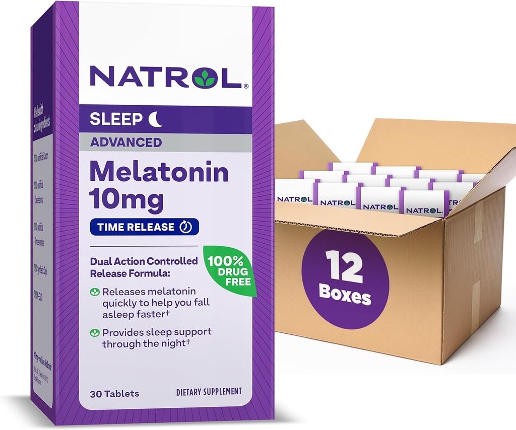 Natrol Advanced Sleep Melatonine 10mg, Dieetsupplement voor rustgevende slaap, Time Release Melatonine tabletten, 30 Time-Release tabletten, 30 Day Supply (pack van 12)